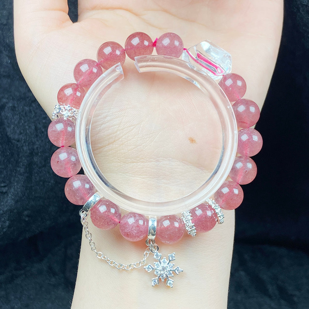 8MM Strawberry Quartz With Snowflake Pendant Bracelet For Women Sweet Jewelry