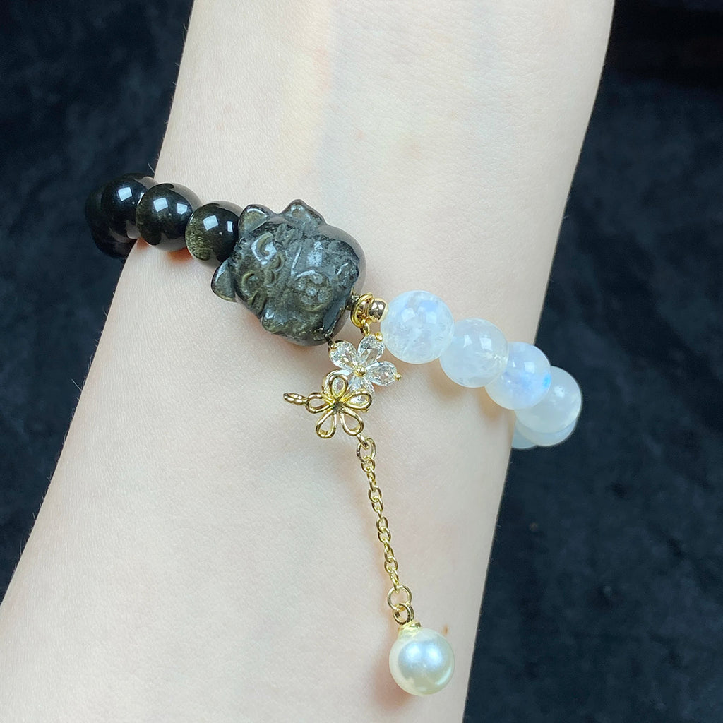 Golden Obsidian Nine Tailed Fox 8MM Moonstone Bead Design Bracelet Accessory Women Fashion Jewellry