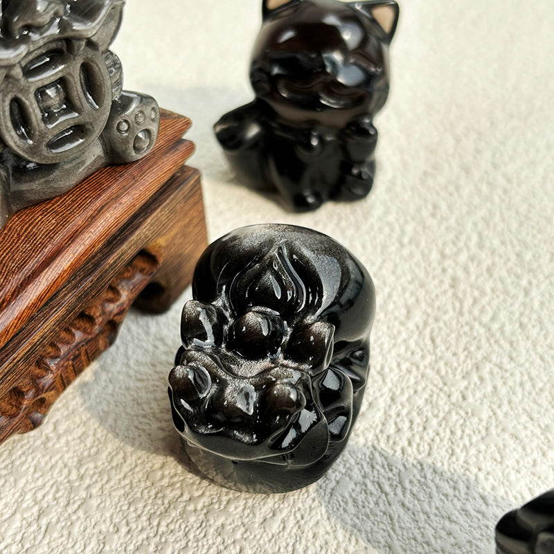 Silver Obsidian Kylin Pixiu Crystals Maneki-Neko Fortune Cat Ganesha Stone Carving Reiki Decoration