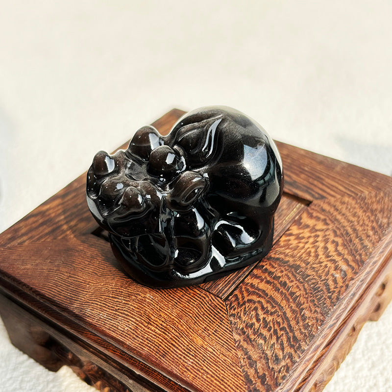 Silver Obsidian Kylin Pixiu Crystals Maneki-Neko Fortune Cat Ganesha Stone Carving Reiki Decoration