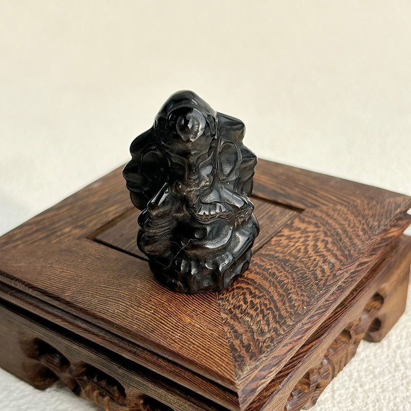 Silver Obsidian Kylin Pixiu Crystals Maneki-Neko Fortune Cat Ganesha Stone Carving Reiki Decoration