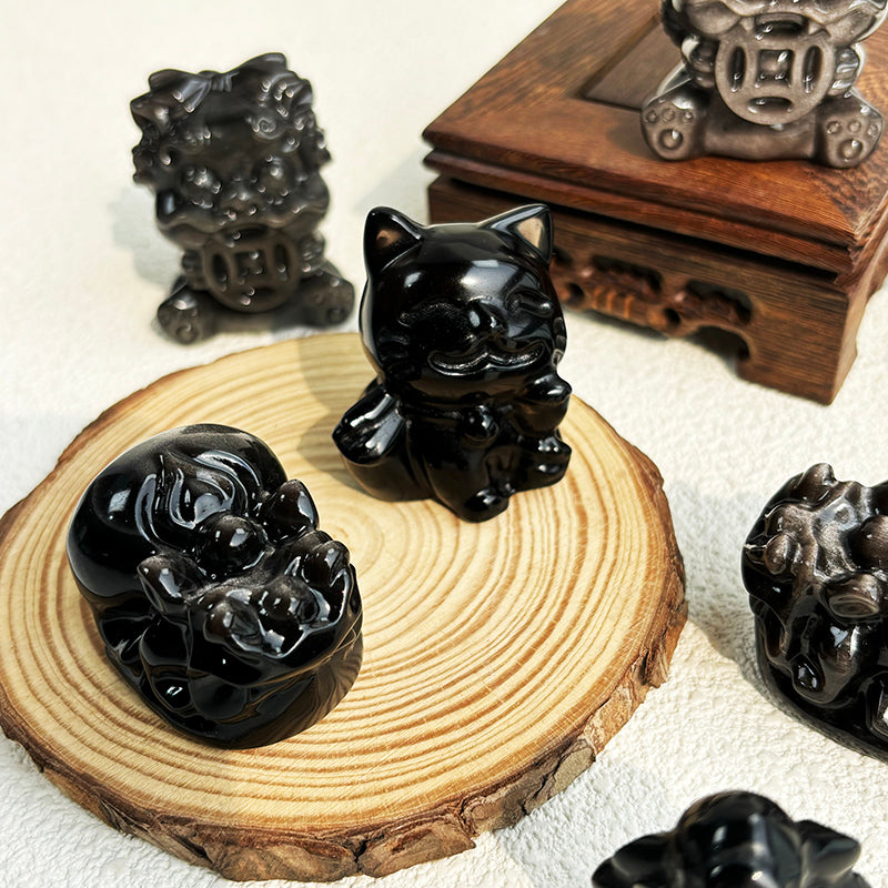 Silver Obsidian Kylin Pixiu Crystals Maneki-Neko Fortune Cat Ganesha Stone Carving Reiki Decoration