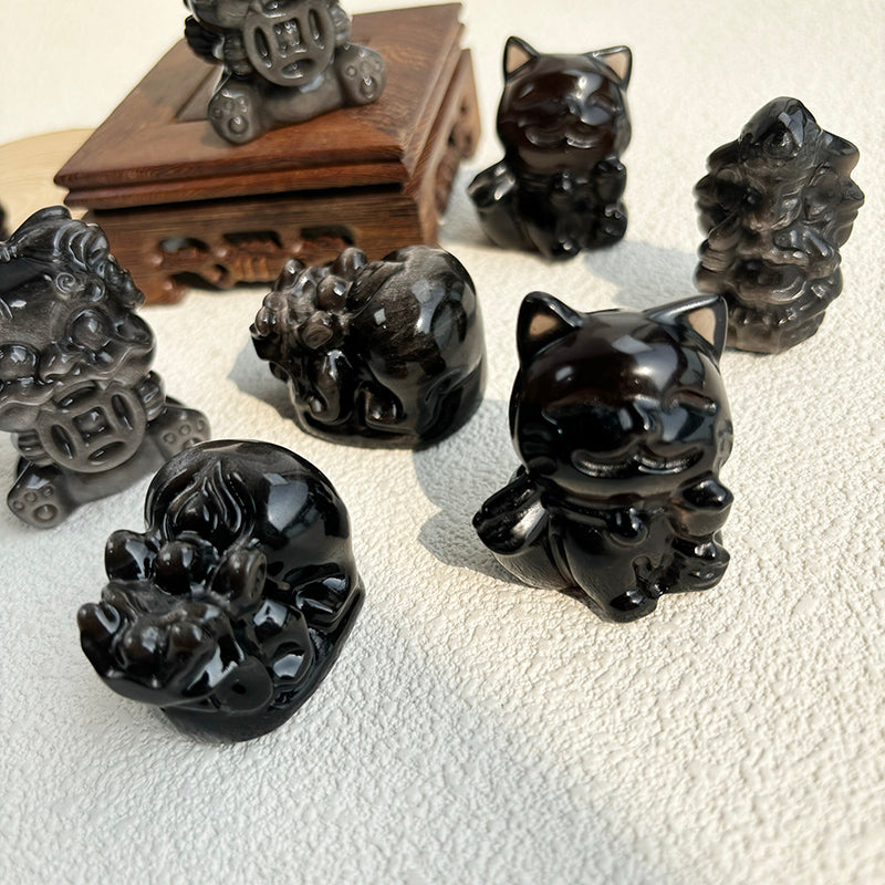 Silver Obsidian Kylin Pixiu Crystals Maneki-Neko Fortune Cat Ganesha Stone Carving Reiki Decoration