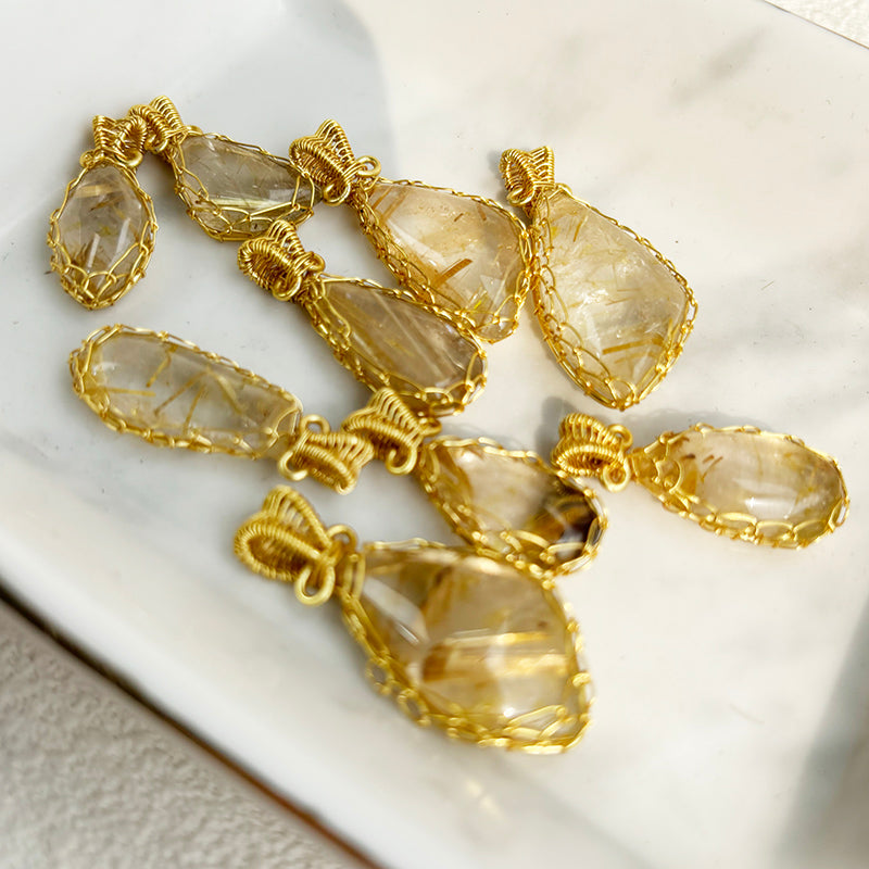 Natural Golden Rutilated Pendant Hand Knitting Necklace Decoration Accessories