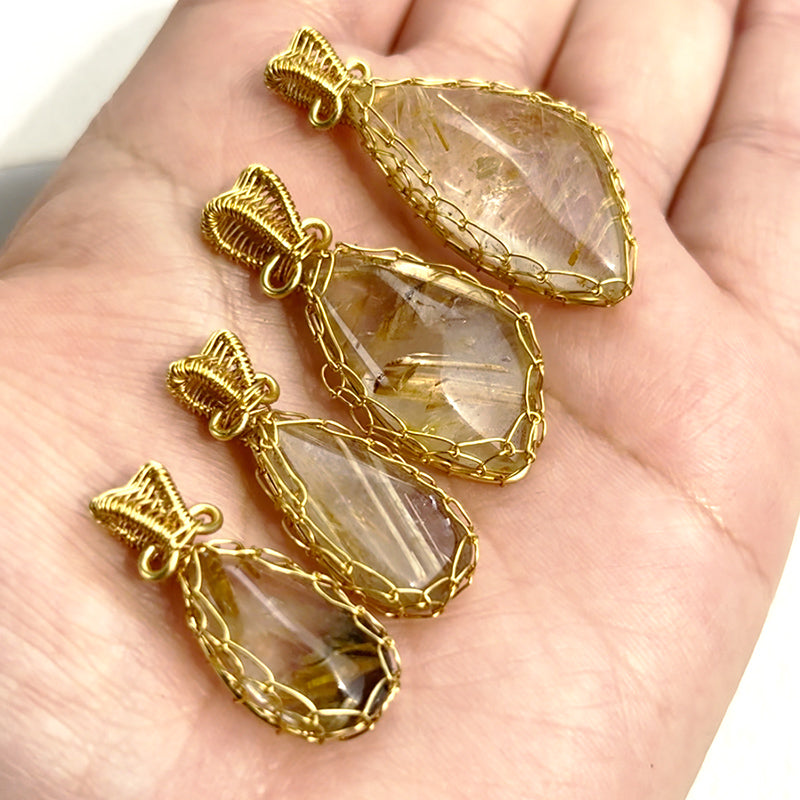 Natural Golden Rutilated Pendant Hand Knitting Necklace Decoration Accessories