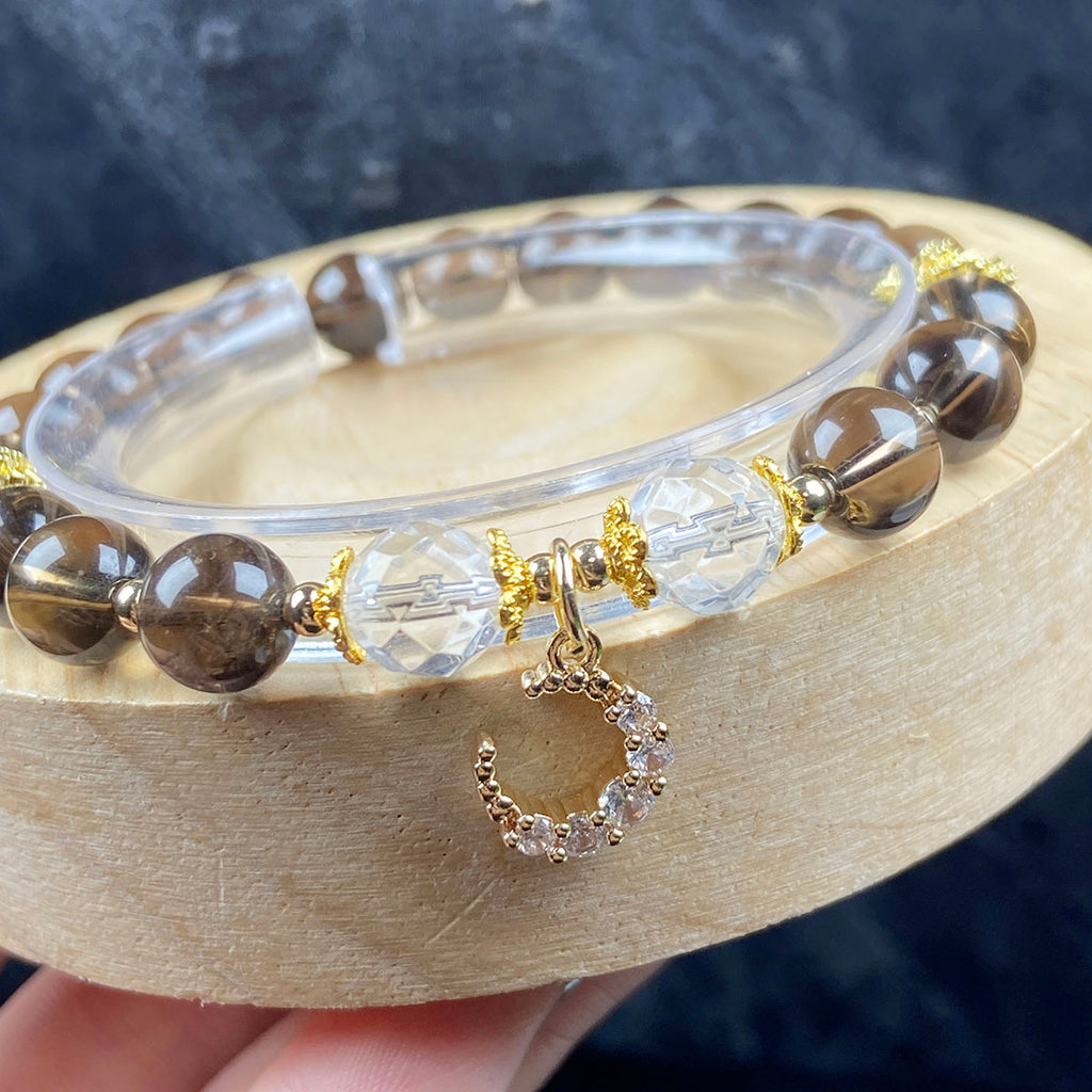 8MM Smoky Quartz Bead With Moon Accessory Design Bracelet Girls Women Jewelry