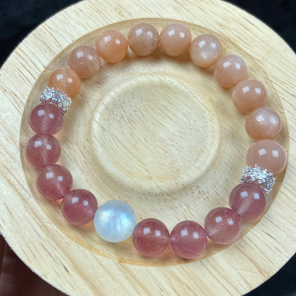 9MM Strawberry Quartz Peach Moonstone Beaded Sweet Cool Bracelet For Women Trendy Bangle