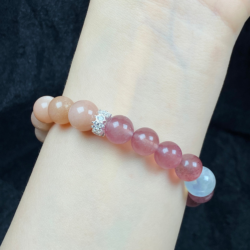 9MM Strawberry Quartz Peach Moonstone Beaded Sweet Cool Bracelet For Women Trendy Bangle