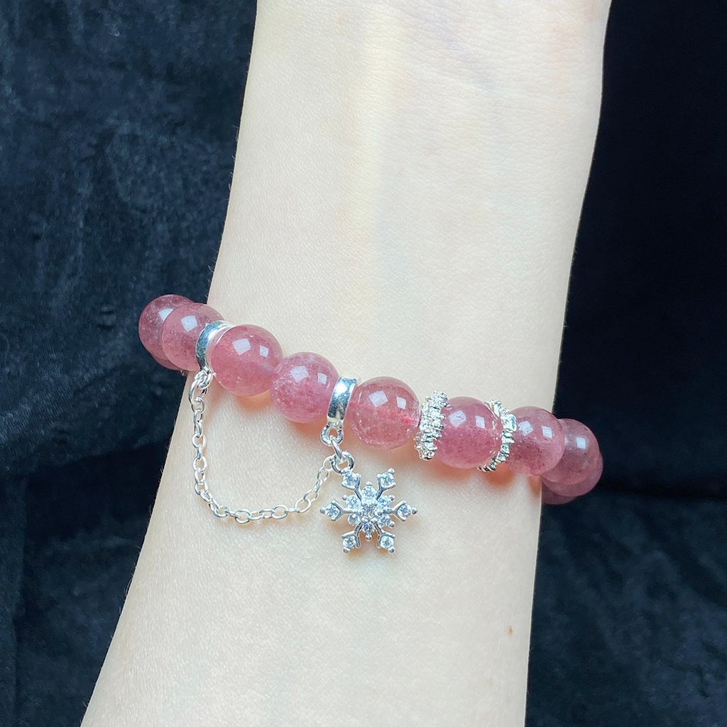 8MM Strawberry Quartz With Snowflake Pendant Bracelet For Women Sweet Jewelry