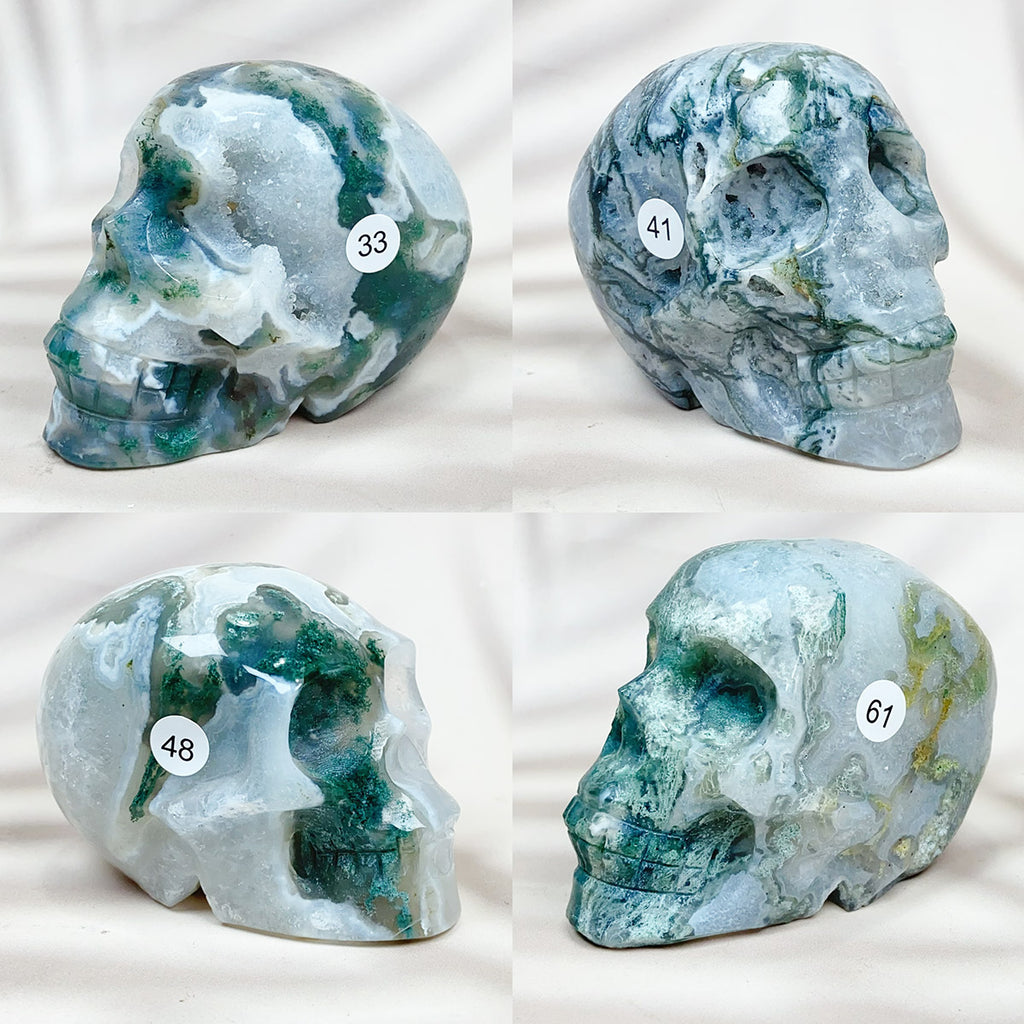 Green Moss Agate Carved Skulls Crystal Healing Energy Stone Crafts Halloween Home Decoration