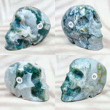 Load image into Gallery viewer, Green Moss Agate Carved Skulls Crystal Healing Energy Stone Crafts Halloween Home Decoration