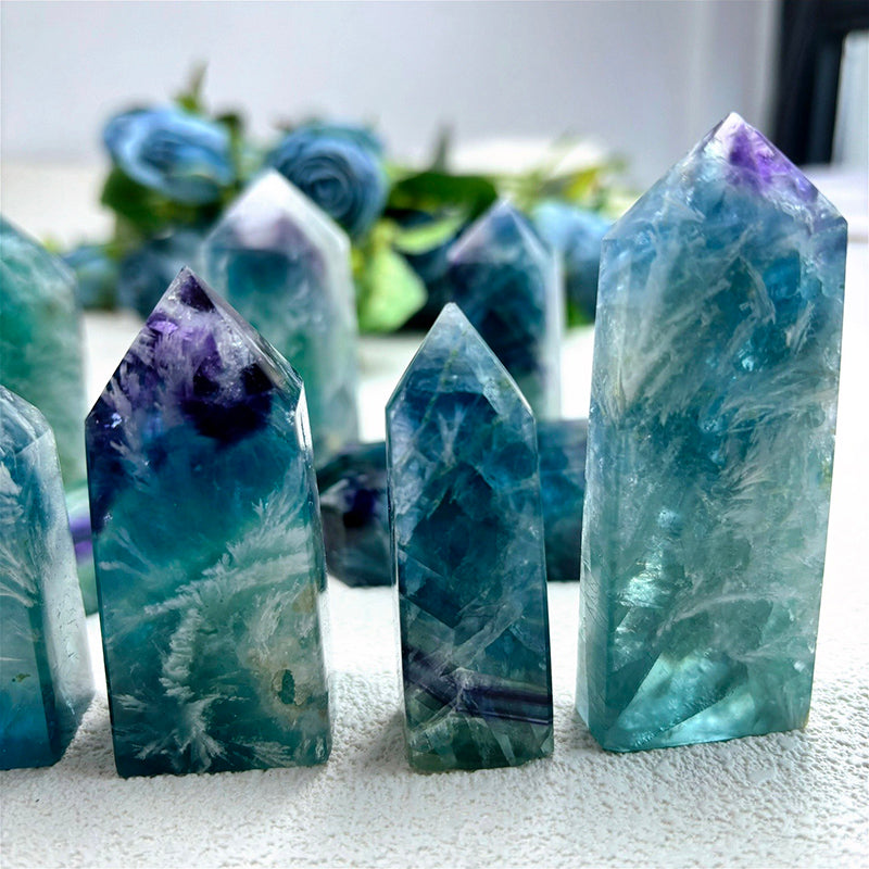 Natural Feather snowflake fluorite tower blue crystals points