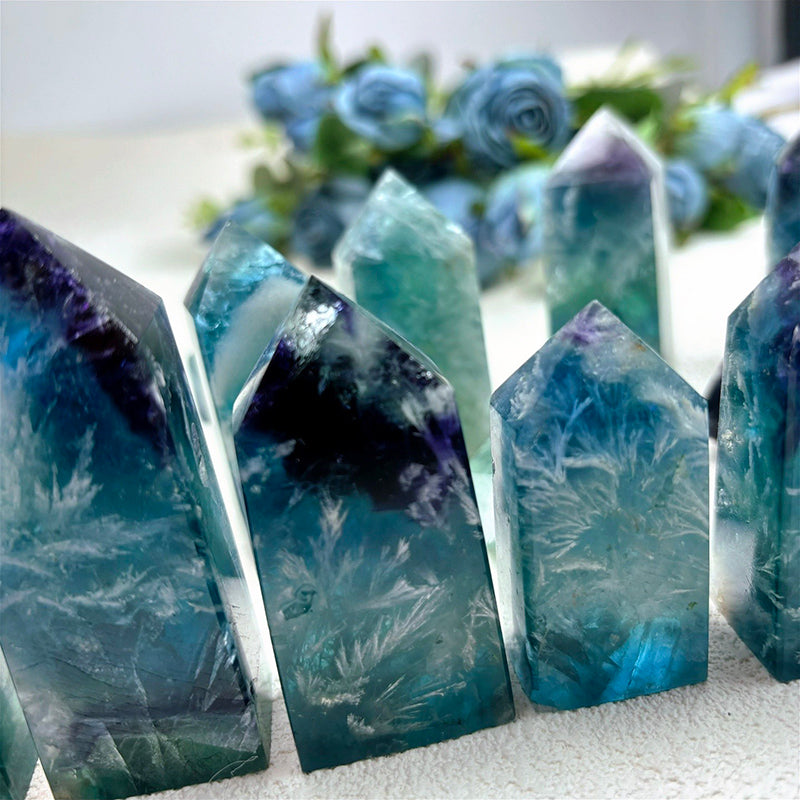 Natural Feather snowflake fluorite tower blue crystals points