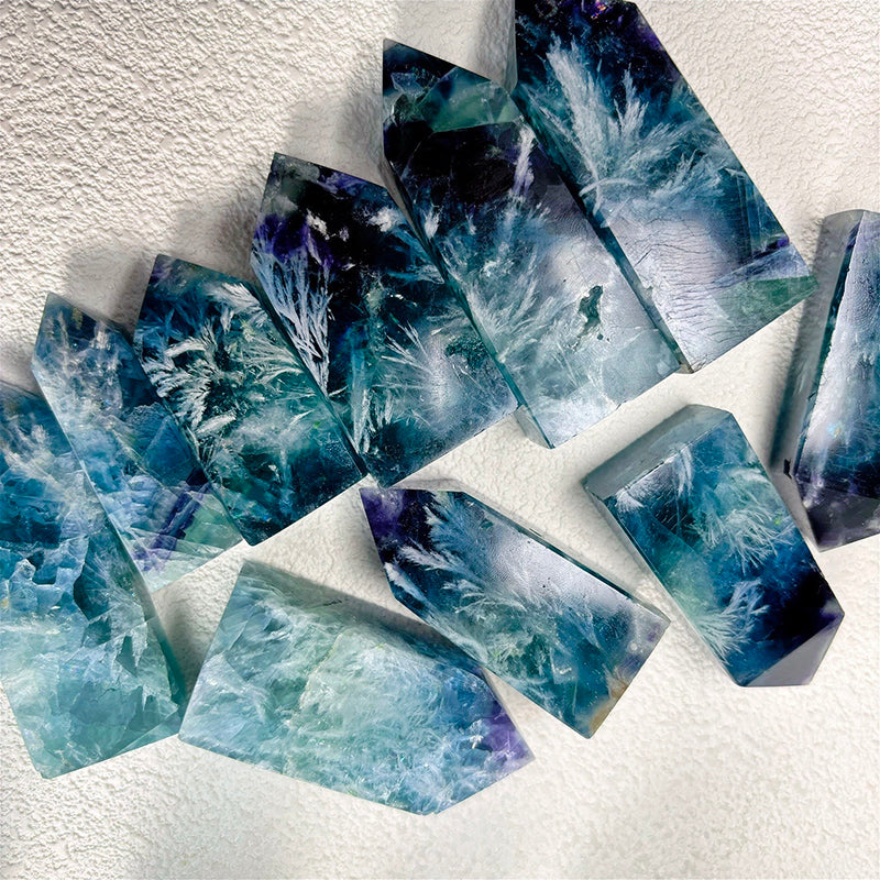 Natural Feather snowflake fluorite tower blue crystals points