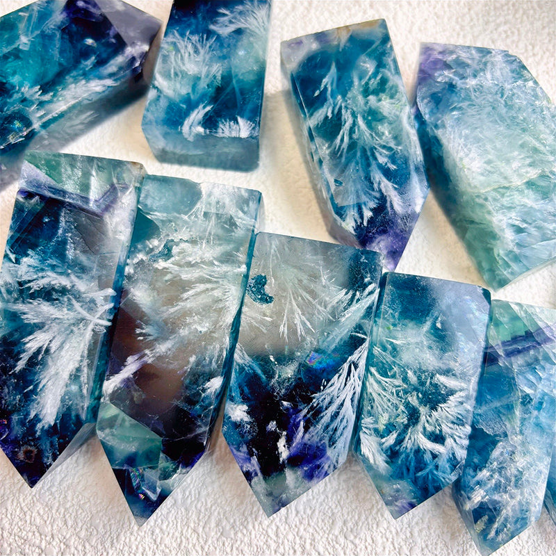 Natural Feather snowflake fluorite tower blue crystals points