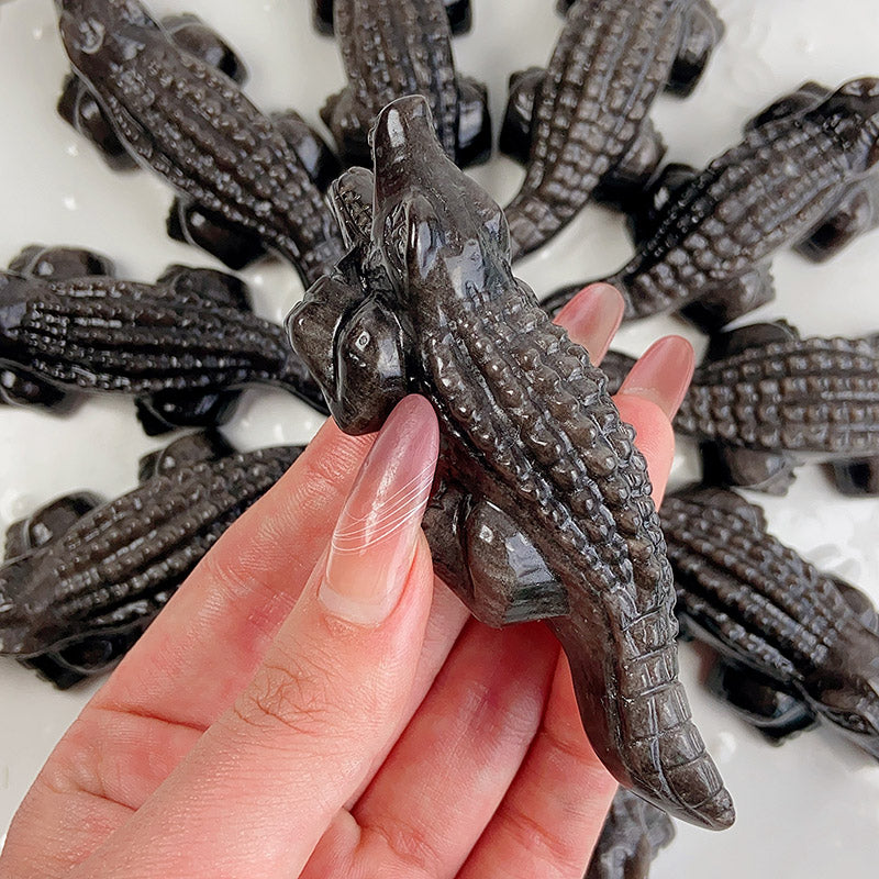 Silver Obsidian Crocodile Carvings