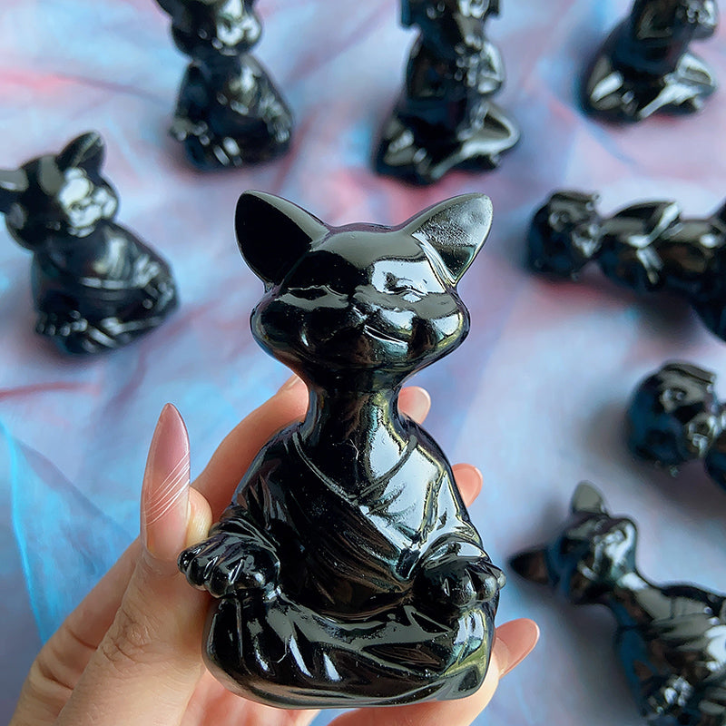 Black Obsidain Yoga Dog Yoga Cat Crystal Carvings Decoration