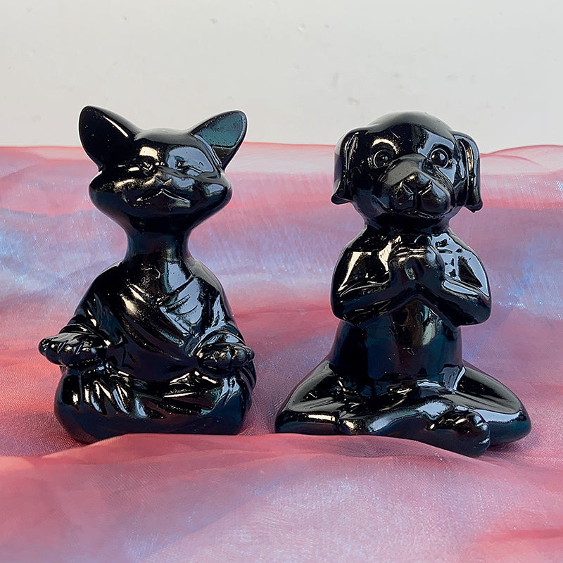 Black Obsidain Yoga Dog Yoga Cat Crystal Carvings Decoration