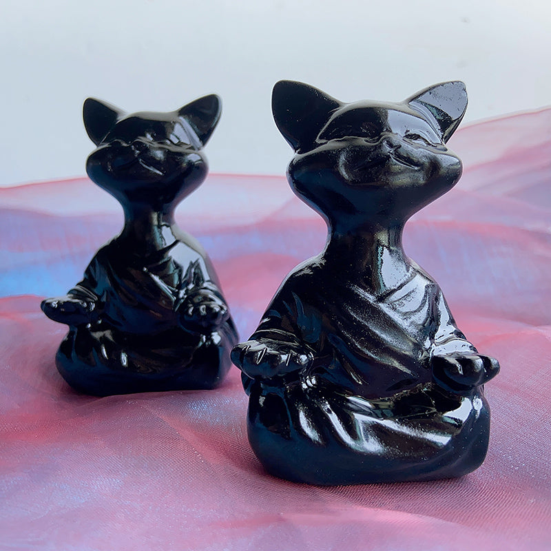 Black Obsidain Yoga Dog Yoga Cat Crystal Carvings Decoration