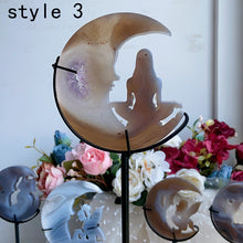 Load image into Gallery viewer, Beautiful Druzy Agate Moon Carvings (fairy &amp; yoga &amp; fox &amp; fairy)