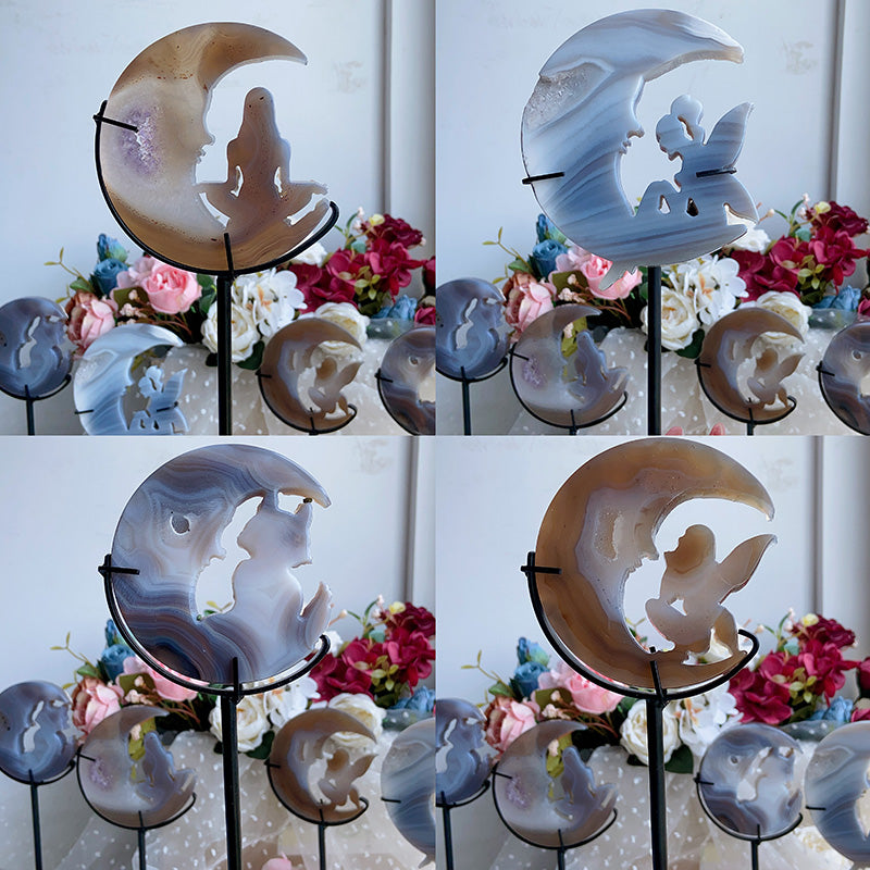 Beautiful Druzy Agate Moon Carvings (fairy & yoga & fox & fairy)