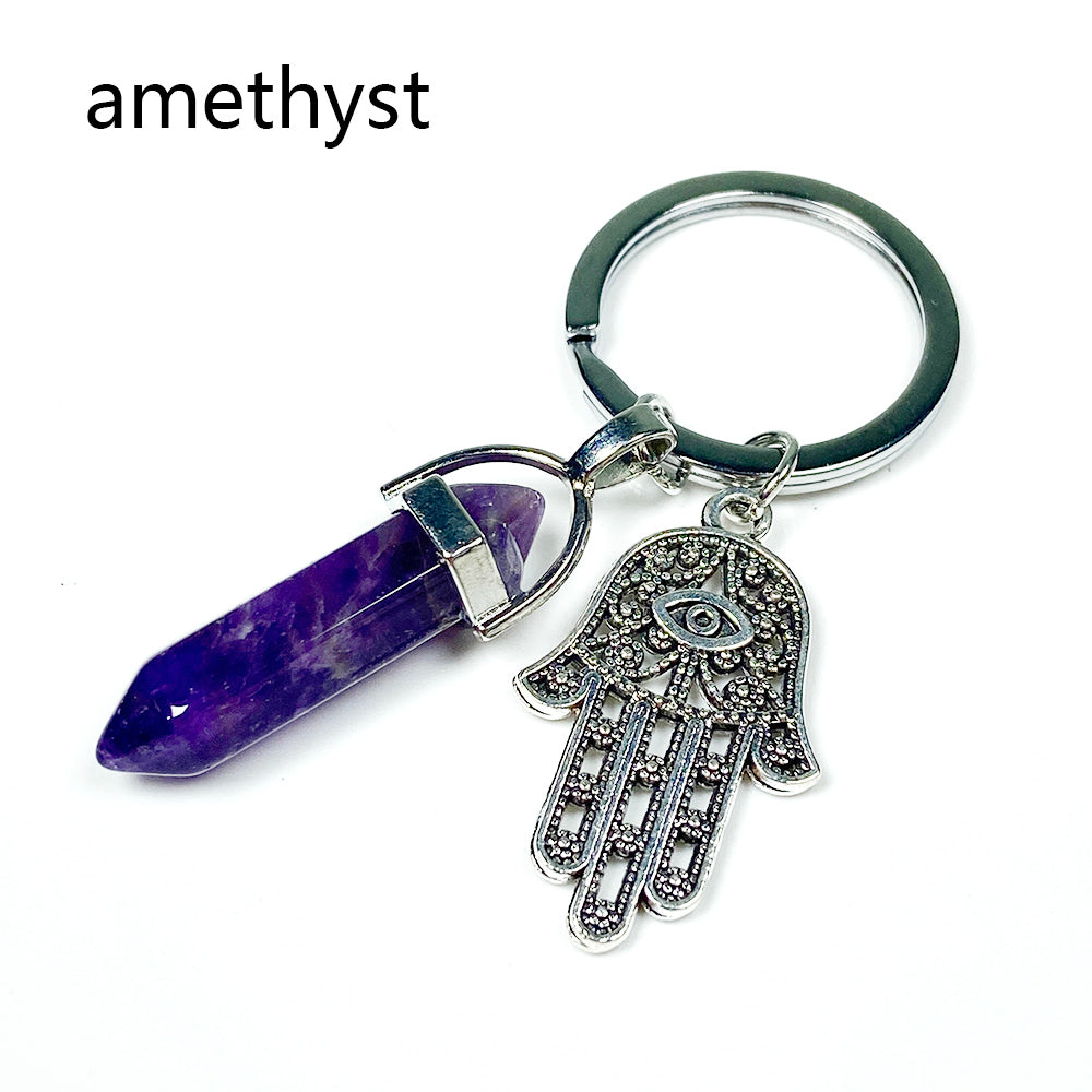 Different Materials Crystal Keyring (Yellow Tiger Eye & Clear Quartz & Amethyst & Green Aventuurine & Dalmation）