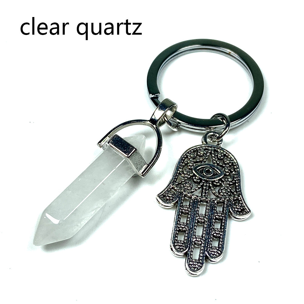 Different Materials Crystal Keyring (Yellow Tiger Eye & Clear Quartz & Amethyst & Green Aventuurine & Dalmation）