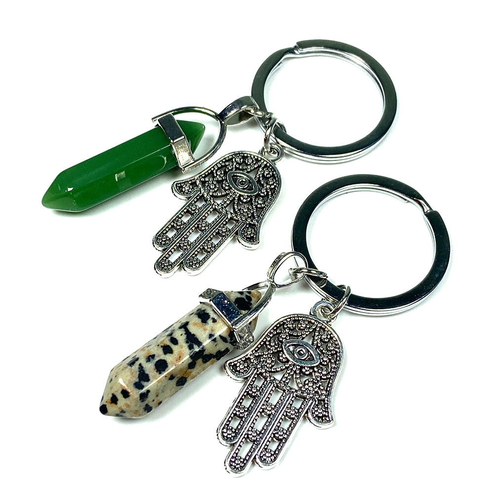 Different Materials Crystal Keyring (Yellow Tiger Eye & Clear Quartz & Amethyst & Green Aventuurine & Dalmation）