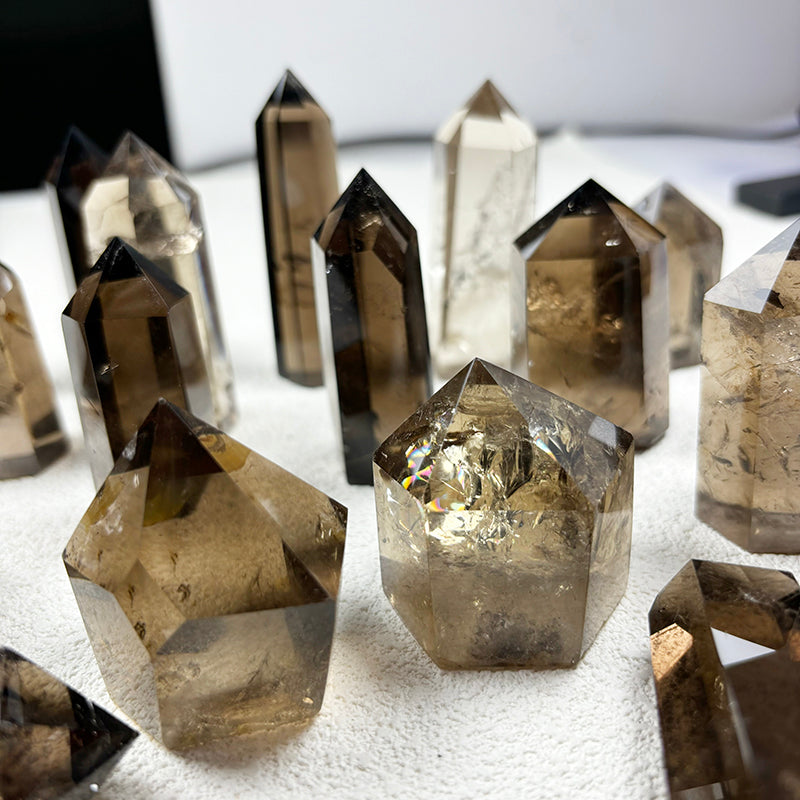 smoky quartz tower gray Hexagonal prism crystal point home decoration