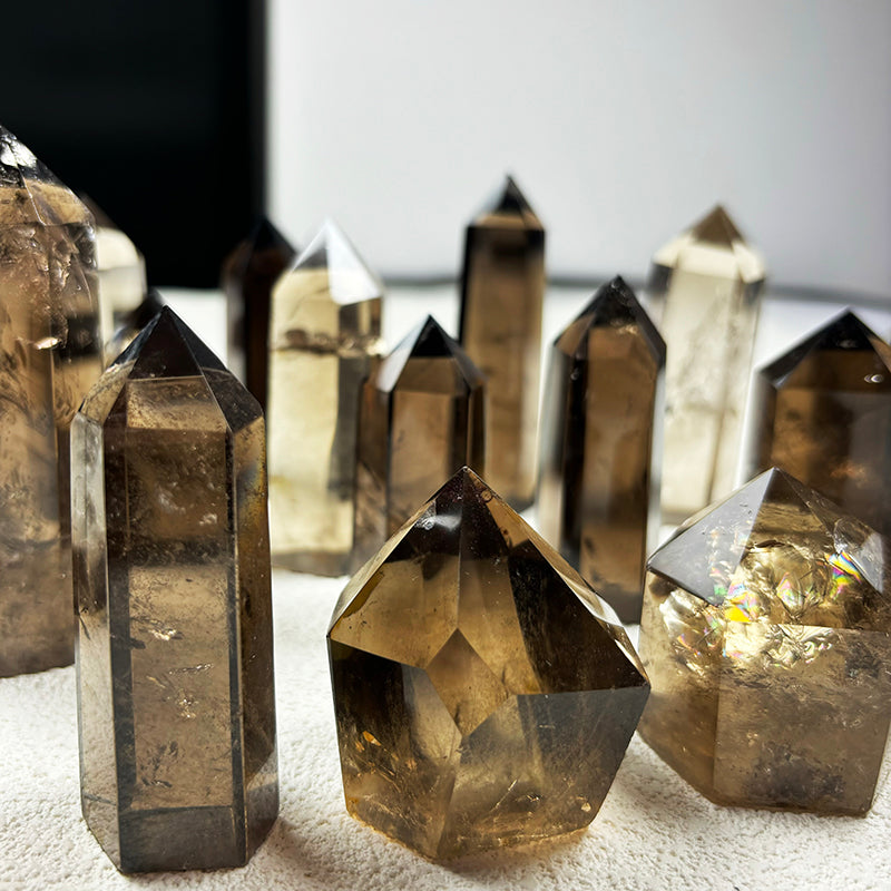 smoky quartz tower gray Hexagonal prism crystal point home decoration