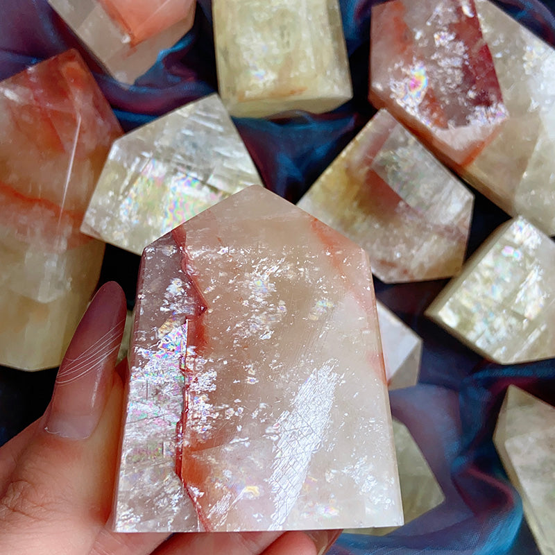 Honey Calcite With Fire Quartz Tower/Point