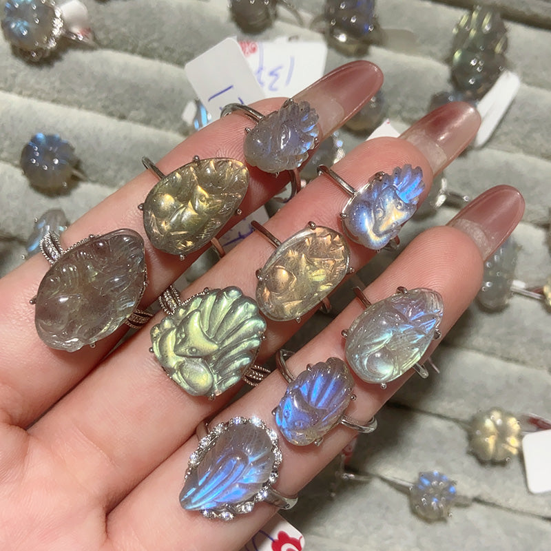 Labradorite Nine Tailed Fox Adjustable Size S925 Rings