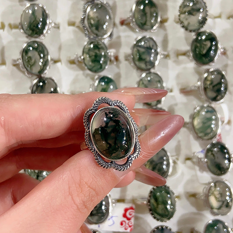 Moss Agate Adjustable Size S925 Ring