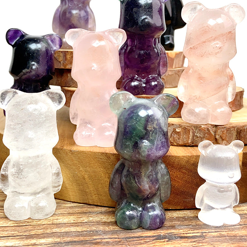 Cute Gloomy Bear Carvings Fluorite Rose Clear Quartz Crystal Decorative Gift