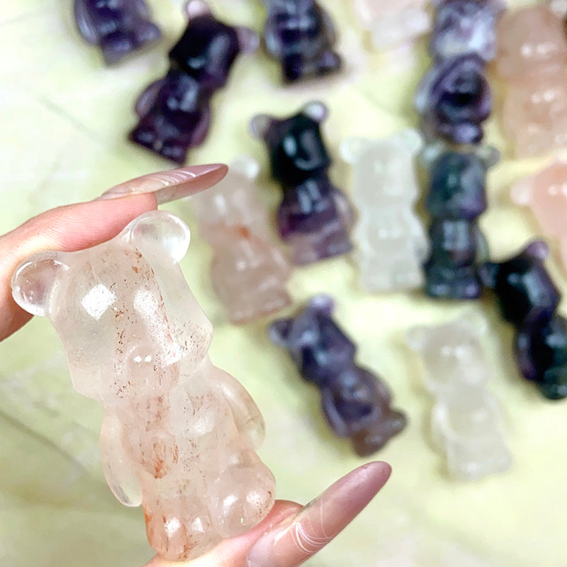 Cute Gloomy Bear Carvings Fluorite Rose Clear Quartz Crystal Decorative Gift