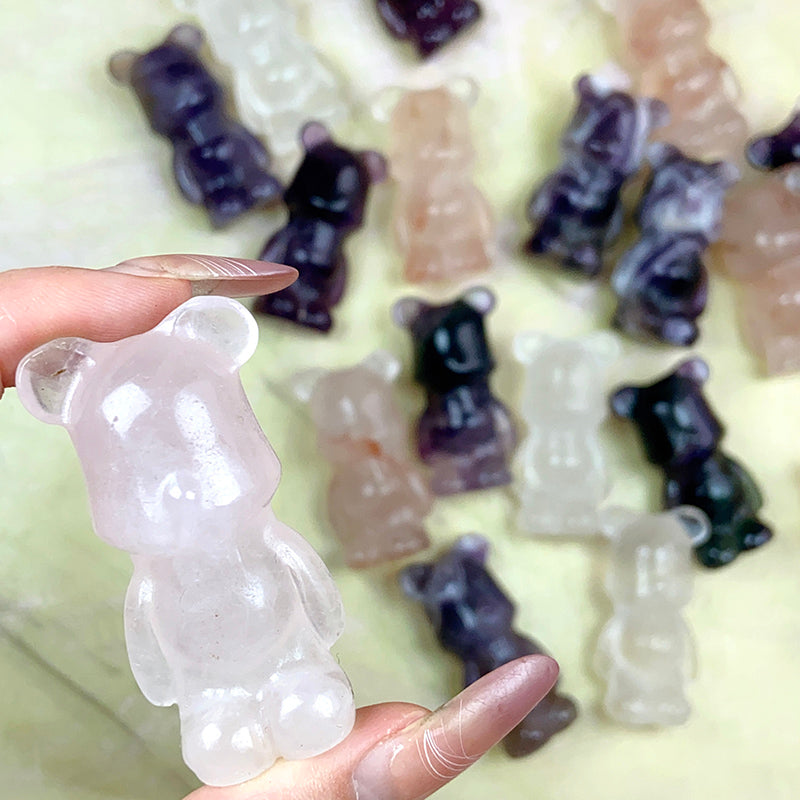 Cute Gloomy Bear Carvings Fluorite Rose Clear Quartz Crystal Decorative Gift