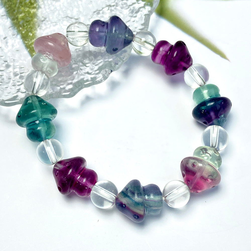 Beautiful Fluorite Mushroom Carved Bead Bracelet