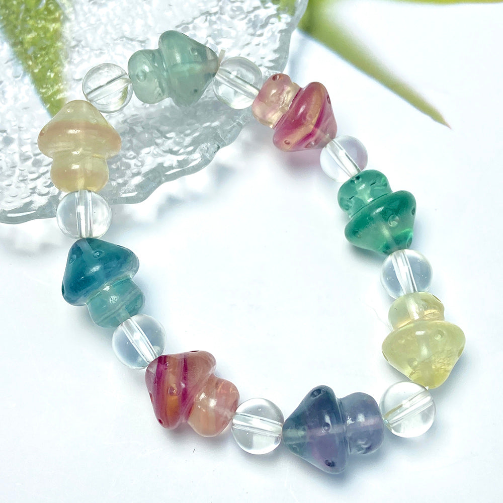 Beautiful Fluorite Mushroom Carved Bead Bracelet