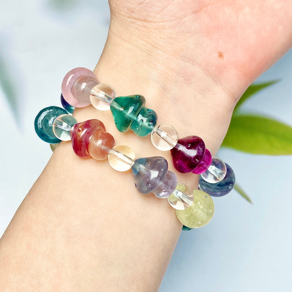 Beautiful Fluorite Mushroom Carved Bead Bracelet