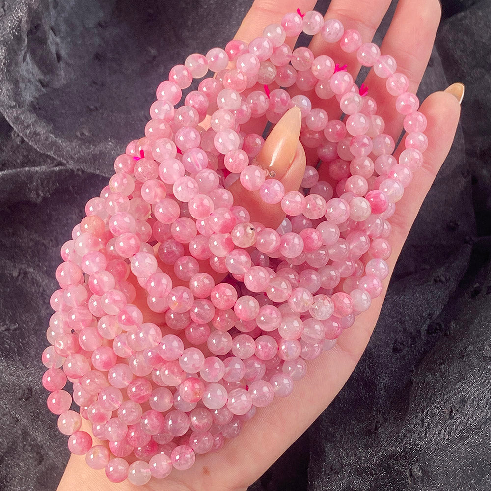 Pink Flower Rhodonite Round Beads Bracelet