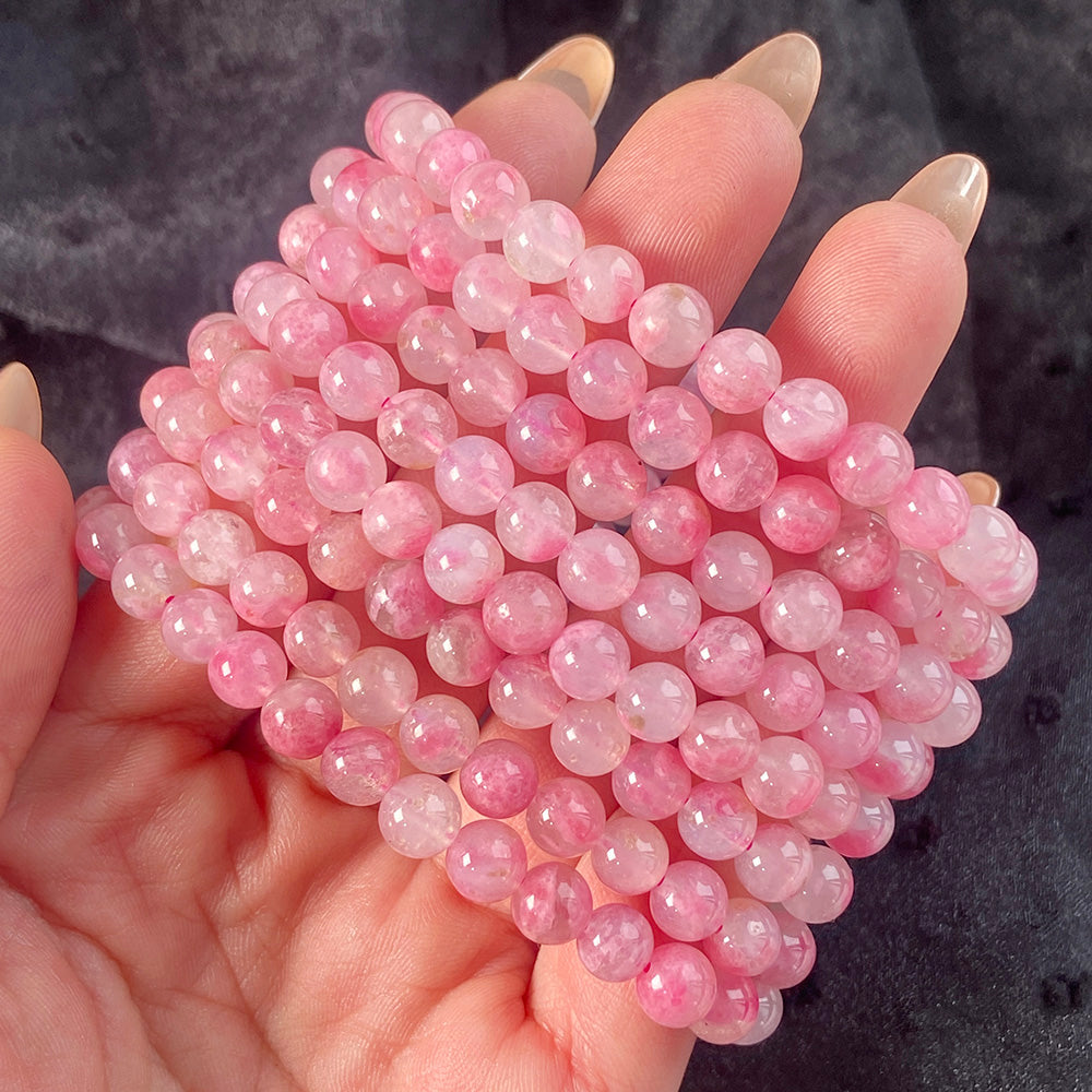 Pink Flower Rhodonite Round Beads Bracelet