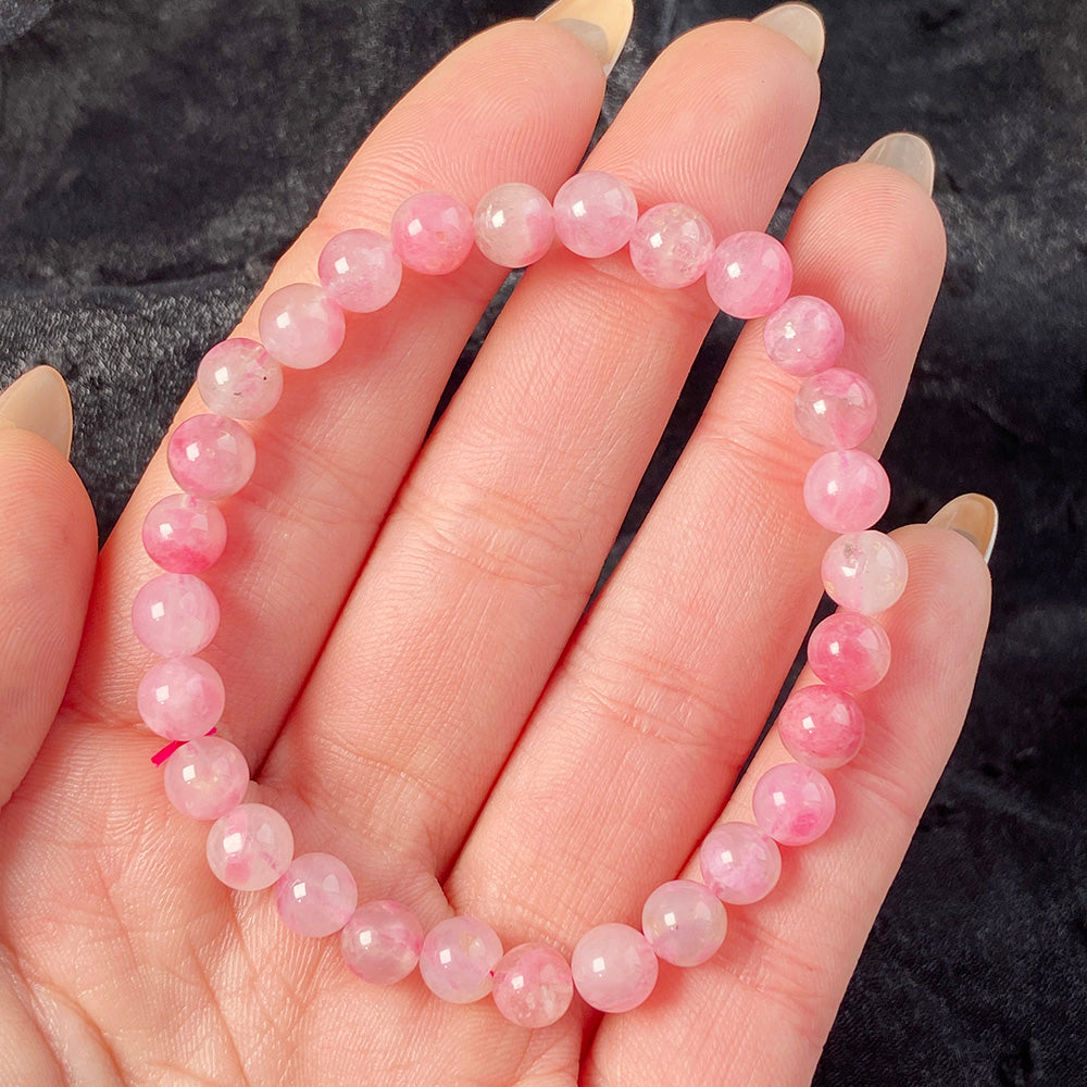 Pink Flower Rhodonite Round Beads Bracelet