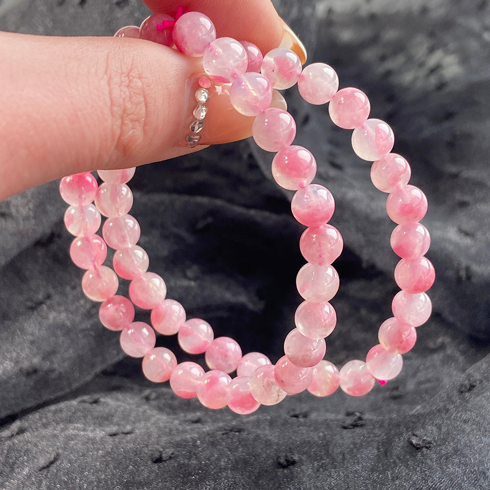 Pink Flower Rhodonite Round Beads Bracelet