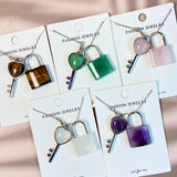 Crystal Couple Necklace Heart Key Lock Set ( Yellow Tiger & Green Aventurine & Clear Quartz & Amethyst & Rose Quartz)