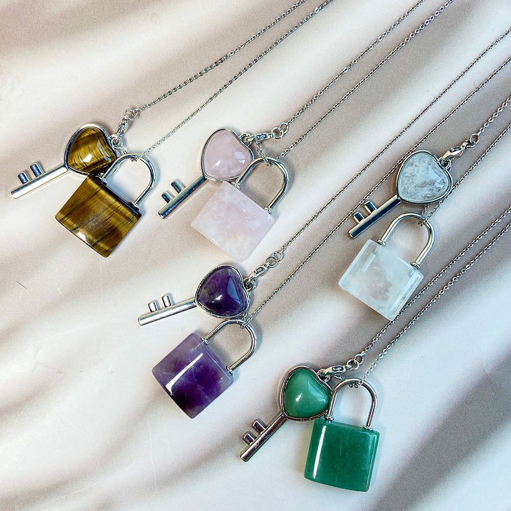 Crystal Couple Necklace Heart Key Lock Set ( Yellow Tiger & Green Aventurine & Clear Quartz & Amethyst & Rose Quartz)