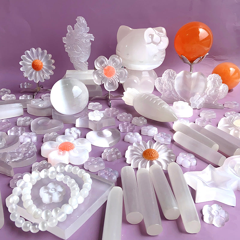 Different Selenite Carvings (Flower/Angel With Heart/Hello Kitty/Tree Fairy/Moon with Star)