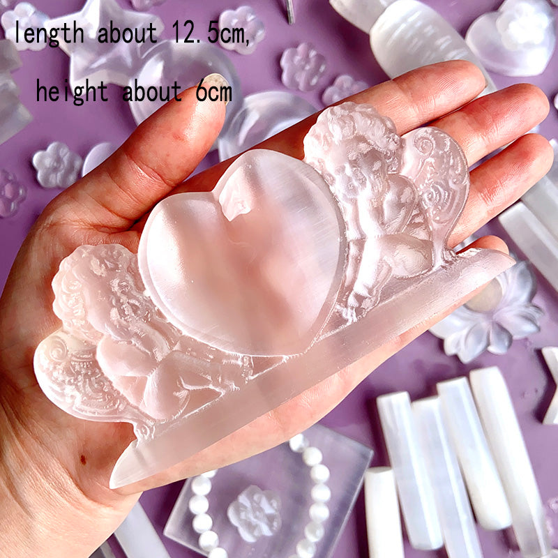 Different Selenite Carvings (Flower/Angel With Heart/Hello Kitty/Tree Fairy/Moon with Star)