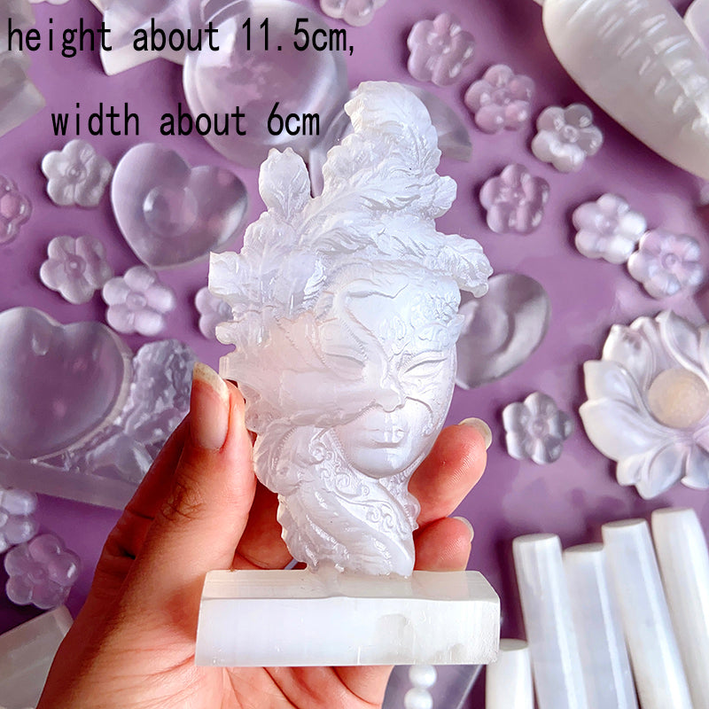 Different Selenite Carvings (Flower/Angel With Heart/Hello Kitty/Tree Fairy/Moon with Star)