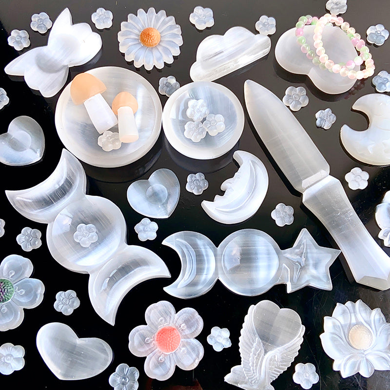 Selenite Carvings (flower & bowl & knife & mushroom)