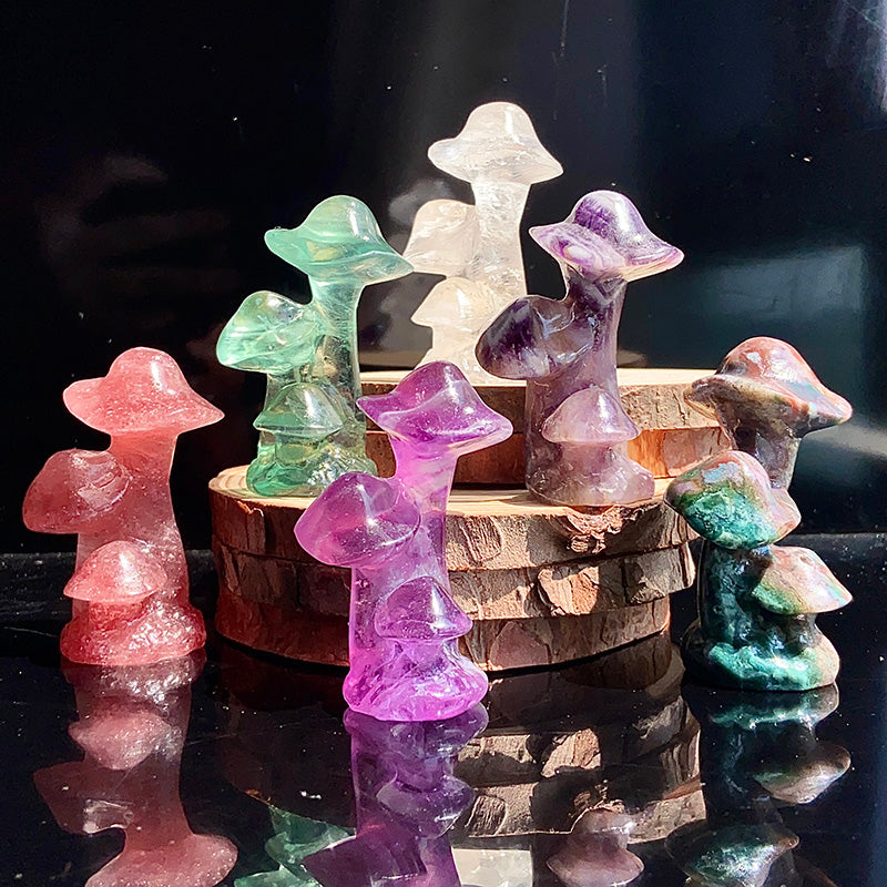 Different Materials Mushroom Carvings (strawberry quartz/fluorite/dream amethyst/ocean jasper/clear quartz)